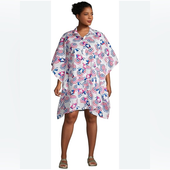Lands End women’s cotton poplin kaftan shirt dress large summer beach coverup - Picture 1 of 11